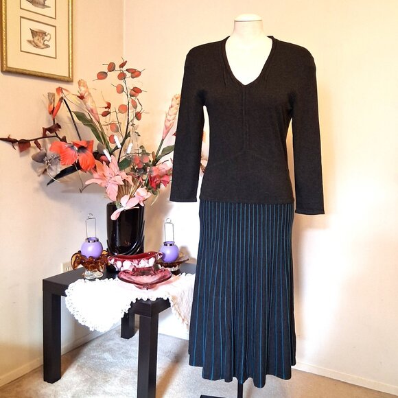 NWOT Orly Maxi V neck Long Sleeve Gray Teal Dress Cardigan Fall Winter Dresses - Picture 3 of 9